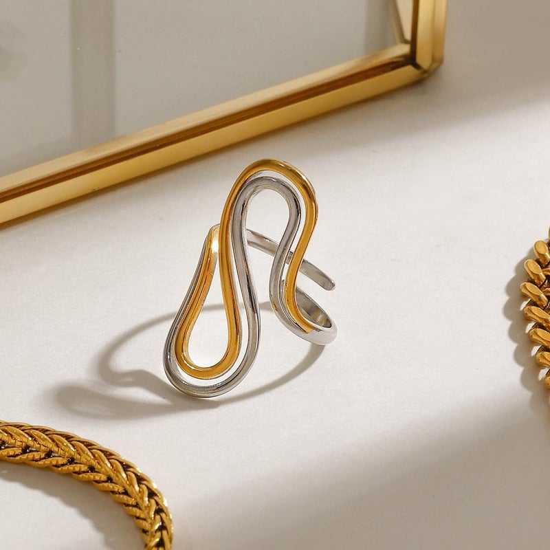 AiTURE Chunky Rings For Women, Gold Silver Thumb Ring Asymmetrical Wavy Curve Ring Adjustable Non Tarnish Dainty Stainless Steel New Year Anniversary Birthday Jewelry Gift - Image 3